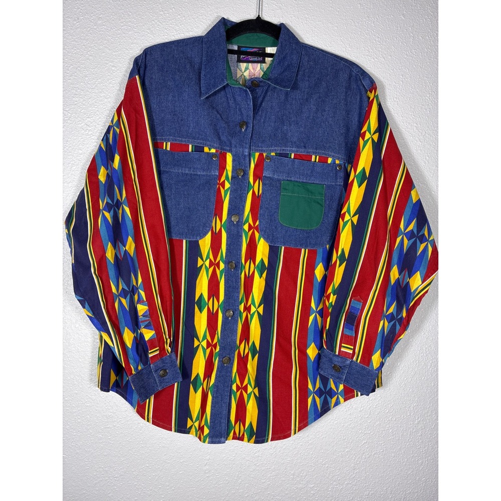 Vintage Ranch and Town Panhandle Slim Western Shirt Mens Large Denim Geometric